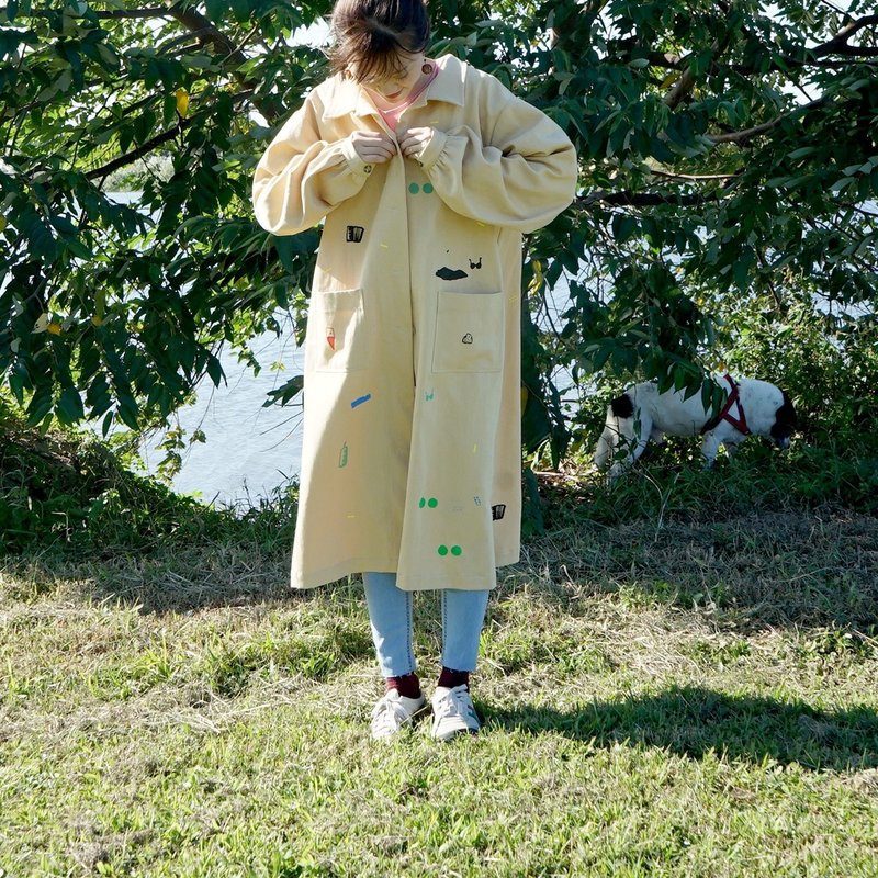 永远和你一起 大口袋手工印花厚实牛仔小澎袖缩口外套 附绑带两穿 - 女装休闲/机能外套 - 棉．麻 橘色