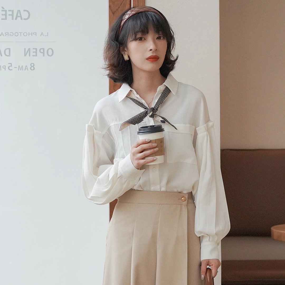 天丝棉泡泡袖衬衫|衬衫|上衣|春款|棉|Sora-693 - 女装衬衫 - 棉 白色