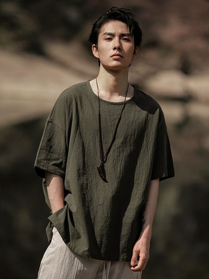 新中式复古 亚麻套头短袖T恤 - 男装上衣/T 恤 - 其他材质 多色