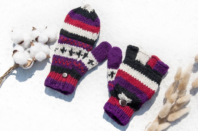 手织纯羊毛针织手套/可拆卸手套/内刷毛手套/保暖手套-紫色玫瑰园 - 手套 - 羊毛 多色