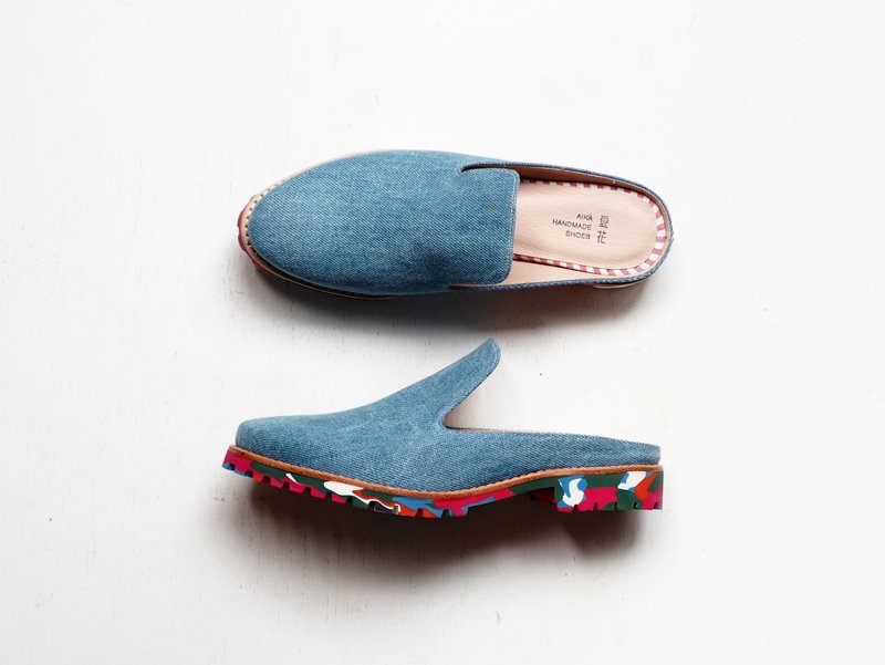 爱花乐福拖-牛仔布+彩色鞋底 - 女款休闲鞋 - 棉．麻 蓝色