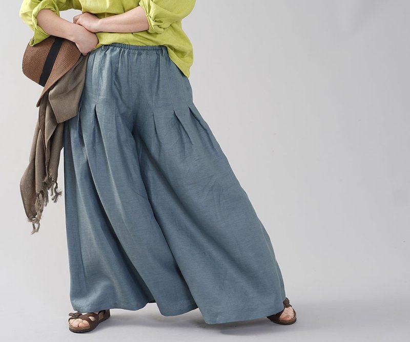 wafu - 純亞麻褲子 Midweight Linen Wide-leg HAKAMA pants/Steel Blue  b002j-ebn2 - 女装长裤 - 亚麻 蓝色