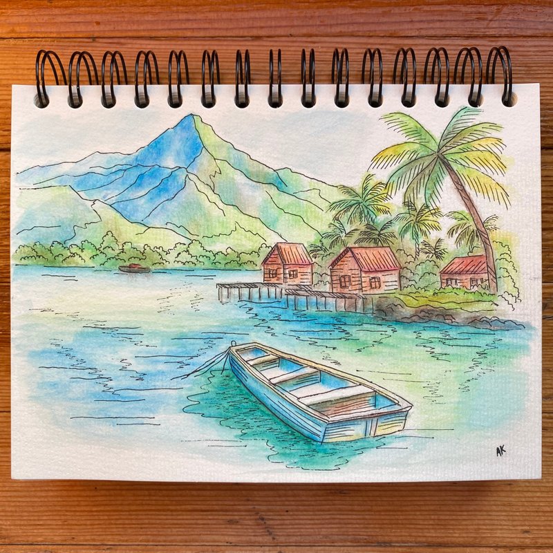 法属玻里尼西亚水彩画、热带风景插图、自然 - 墙贴/壁贴 - 其他材质 绿色