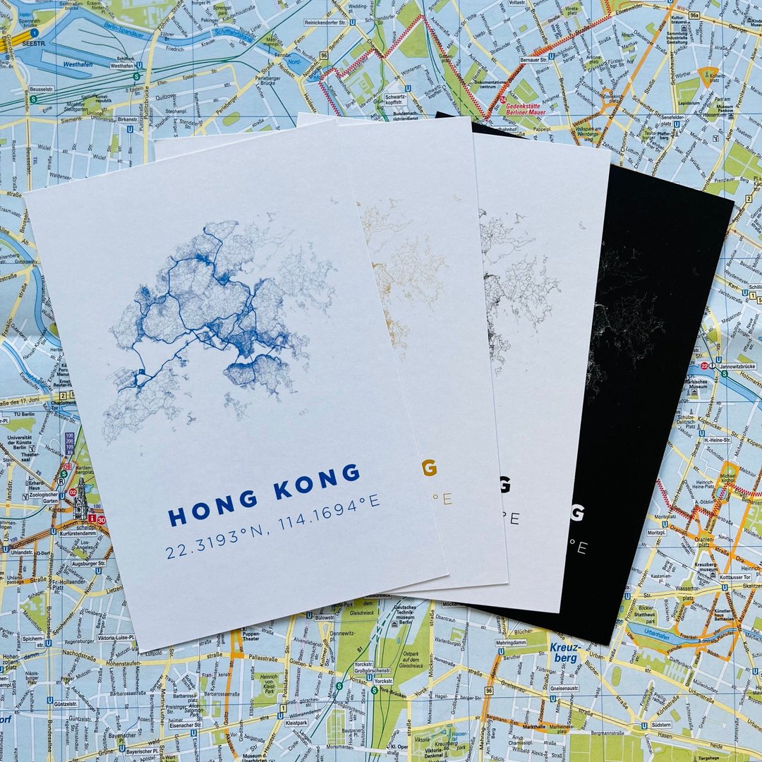 香港路线地图明信片(4款颜色) - 卡片/明信片 - 纸 多色