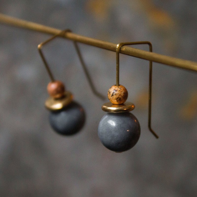 长方形木玉大理石耳环 - 耳环/耳夹 - 其他材质 灰色