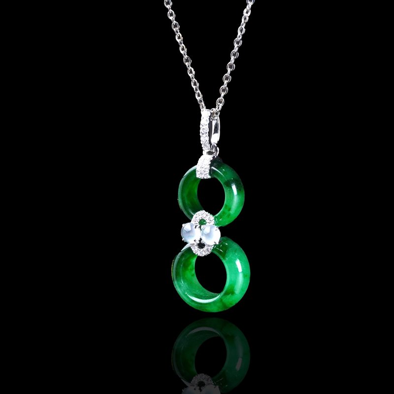 冰种飘绿花翡翠双路路通项链18K金钻石 | 天然缅甸翡翠A货 | 送礼 - 项链 - 玉石 绿色