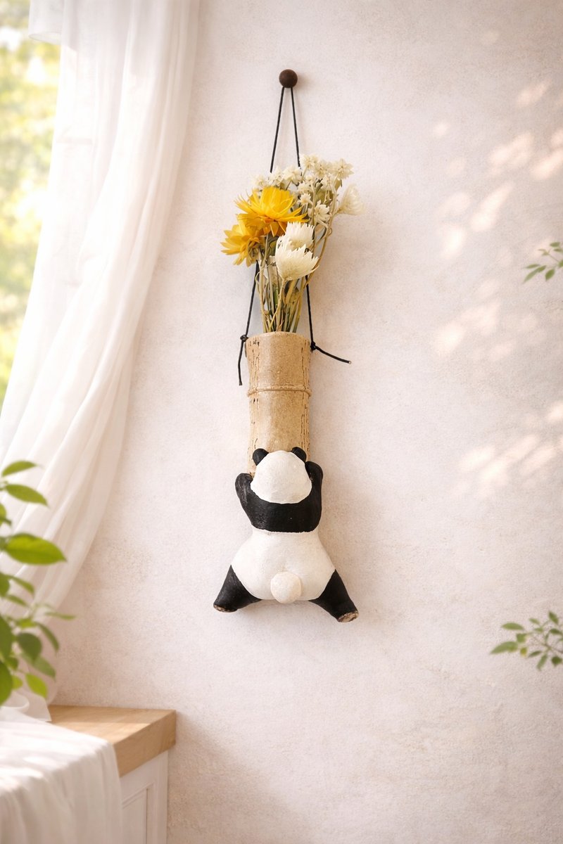 熊猫壁挂单枝花器 手作动物居家布置摆饰 礼物 - 花瓶/陶器 - 树脂 黑色