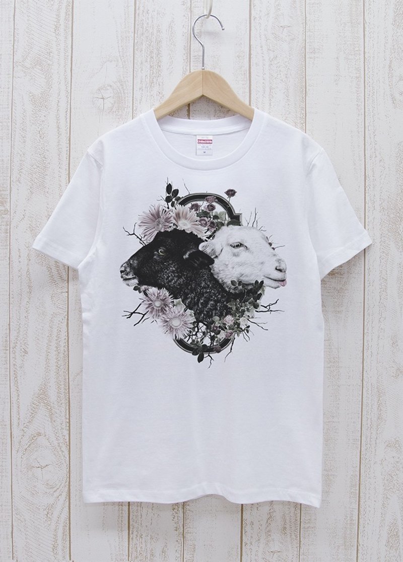 ronronSHEEP Tee　Flower Frame　ホワイト / R034-T-WH - 中性连帽卫衣/T 恤 - 棉．麻 白色