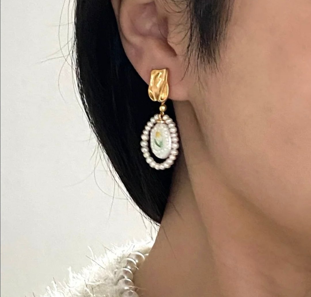 YuanPearl天然巴洛克珍珠手工耳饰郁金香图案小众设计珍珠手作 - 耳环/耳夹 - 珍珠 白色