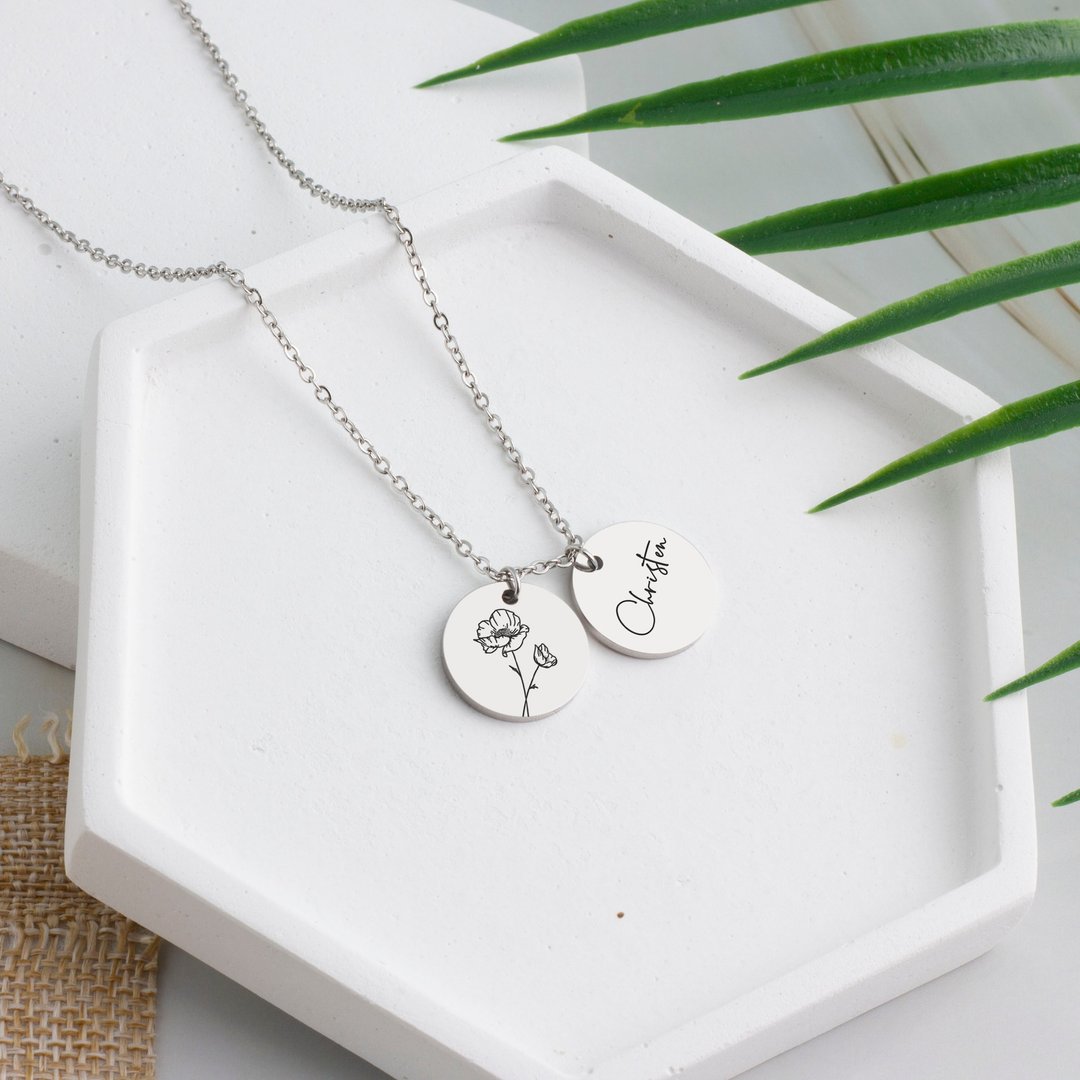 Custom Flower Necklace Birth Month Personalized Gifts Mom Birth Necklaces - 项链 - 其他金属 银色