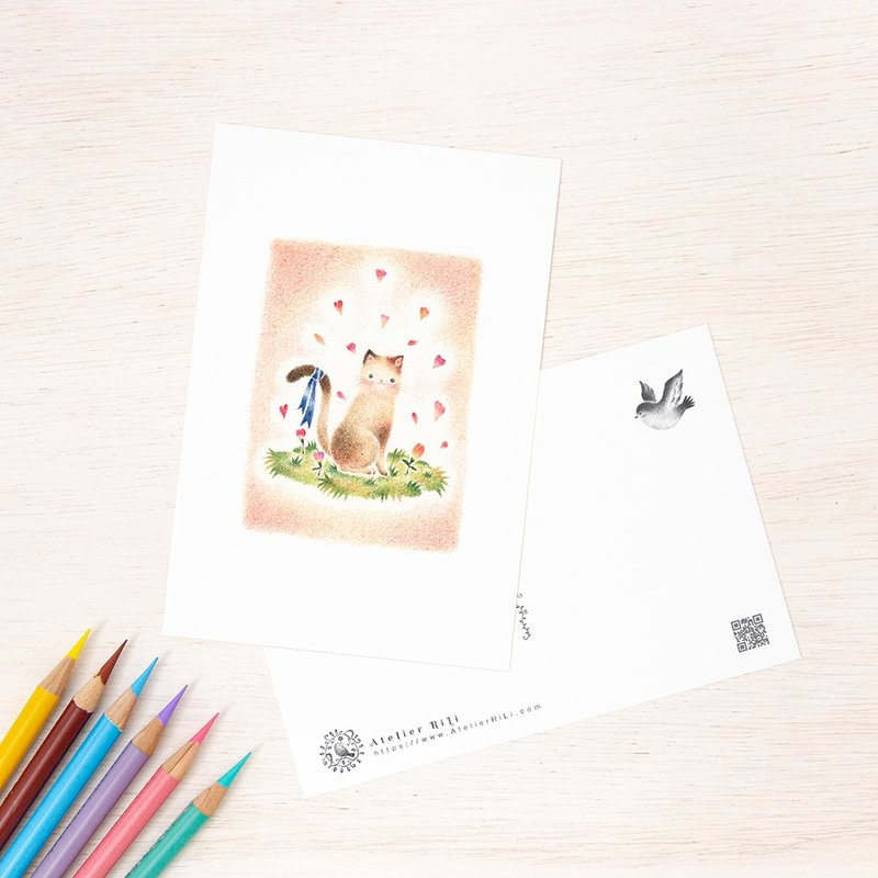 5枚セット。絵本のような。ポストカード "猫の子ナナの青いリボン" PC-115 - 卡片/明信片 - 纸 粉红色
