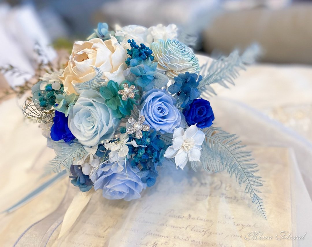 永生花新娘捧花 浪漫の蓝系 情定爱情海  定制化 求婚 婚礼 - 干燥花/捧花 - 植物．花 蓝色