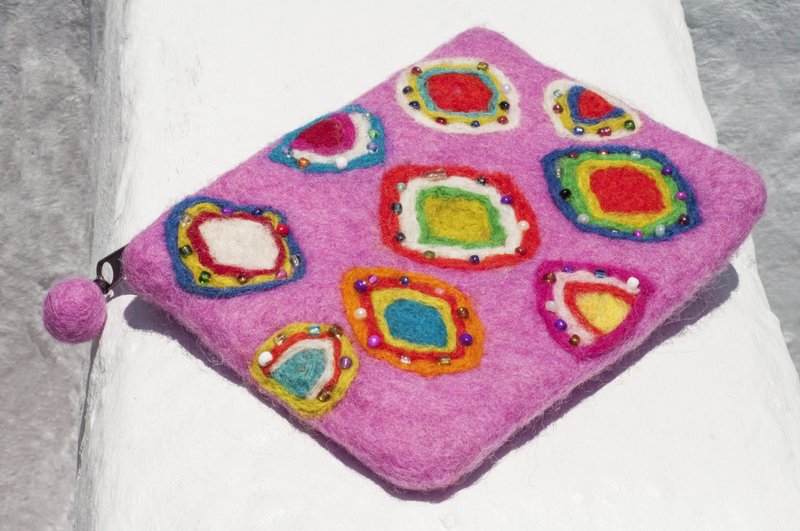 羊毛毡小物袋/收纳袋/零钱包/悠游卡套/羊毛毡钱包-手工串珠刺绣 - 化妆包/杂物包 - 羊毛 多色