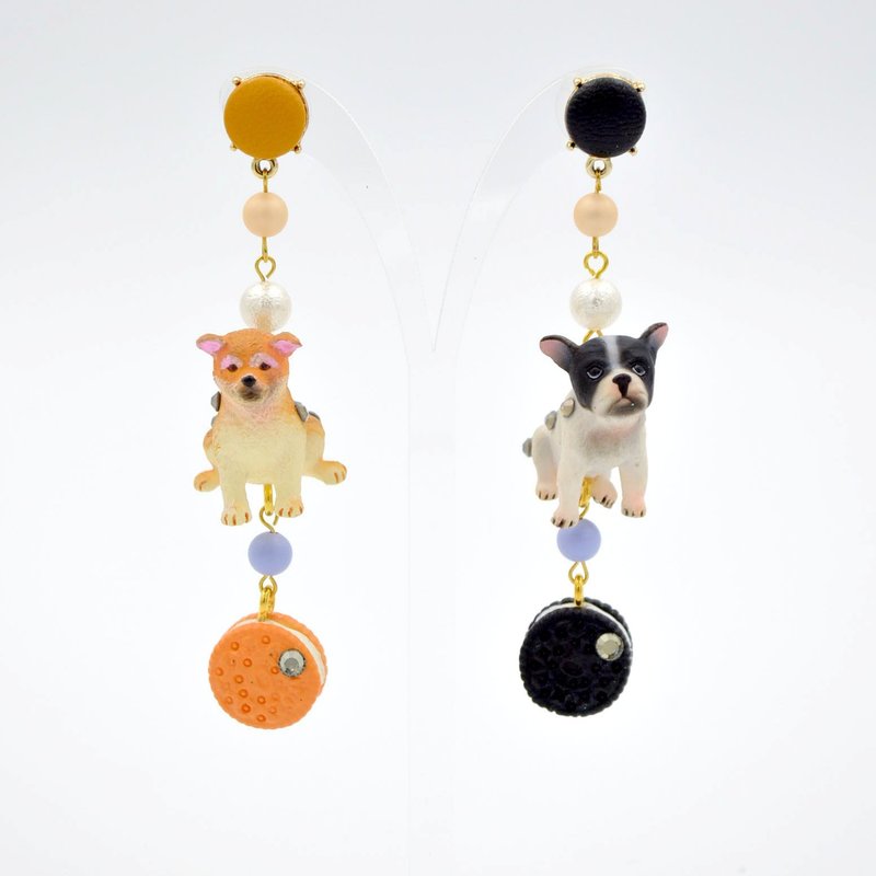 曲奇 金毛寻回犬 法国斗牛犬 小狗耳环 耳钉 施华洛水晶花花屁股 - 耳环/耳夹 - 其他金属 黑色