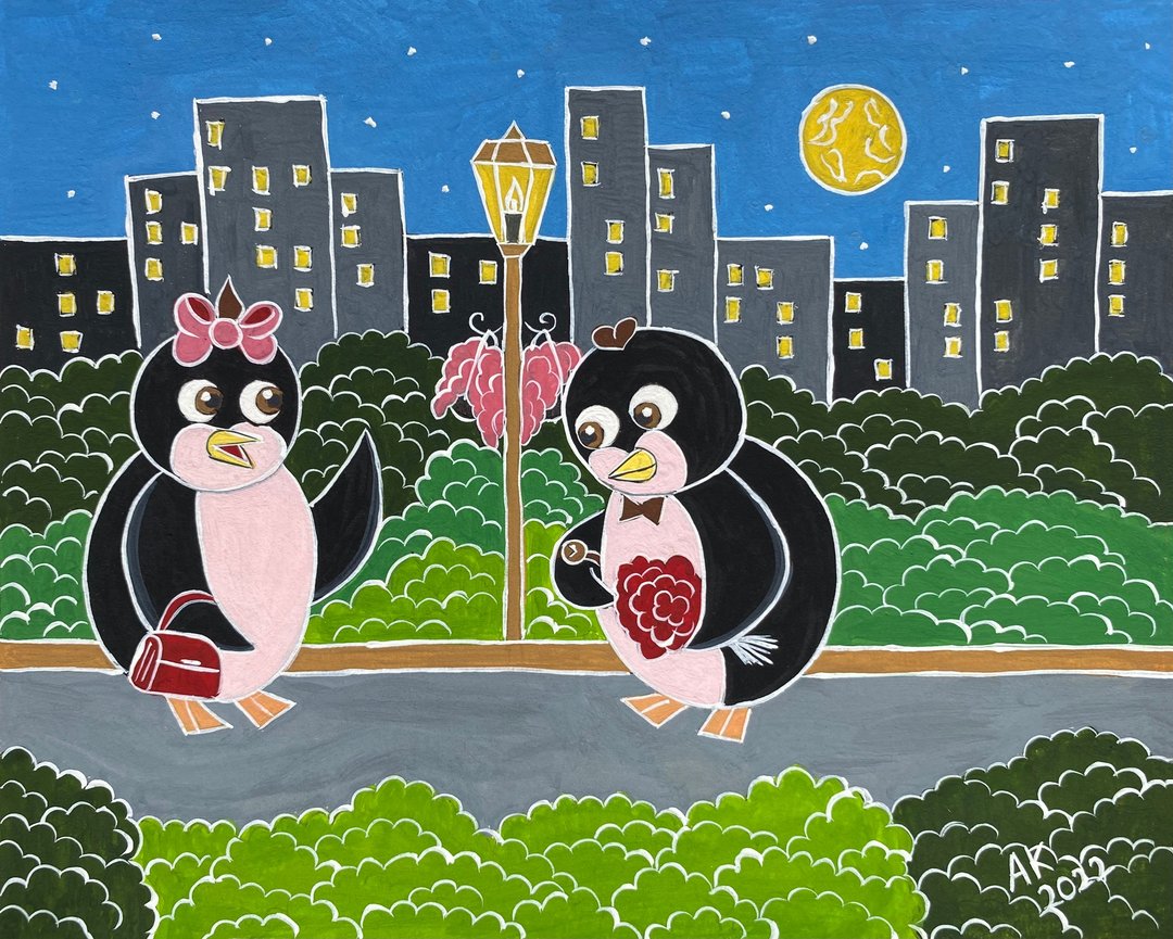 企鹅约会之夜水粉画，浪漫爱情，城市夜晚，鸟情侣 - 墙贴/壁贴 - 其他材质 蓝色