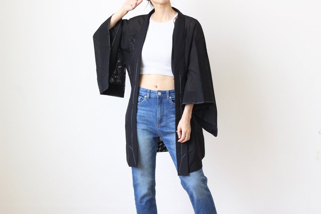 summer black kimono, EXCELLENT VINTAGE  /4284 - 女装休闲/机能外套 - 聚酯纤维 黑色