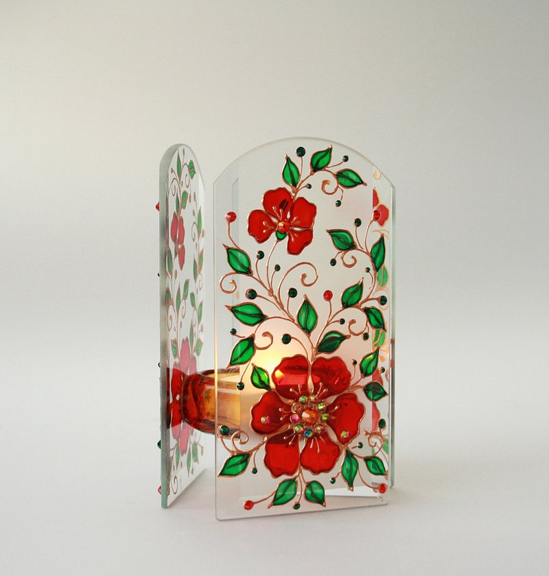 玻璃灯烛台红花祖母绿施华洛世奇水晶手绘 - 灯具/灯饰 - 玻璃 红色