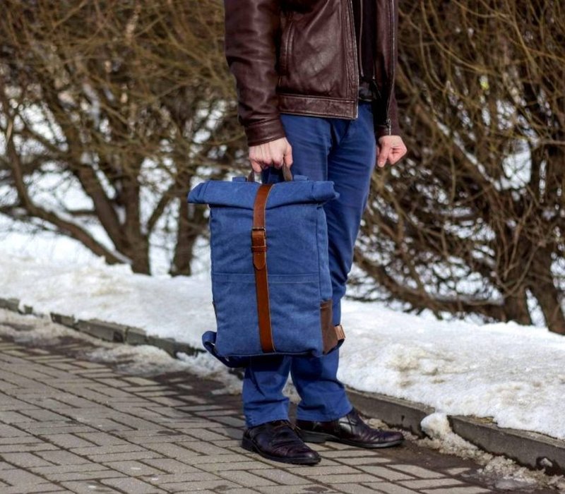 Canvas leather backpack, Canvas rucksack, Canvas rucksack backpack - 后背包/双肩包 - 真皮 蓝色