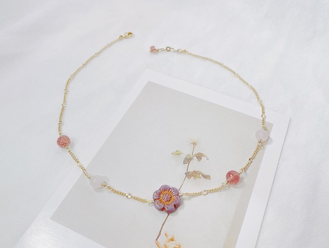 小花仙境 || 捷克花 粉水晶 草莓晶 招桃花 细颈链 - 项链 - 水晶 粉红色