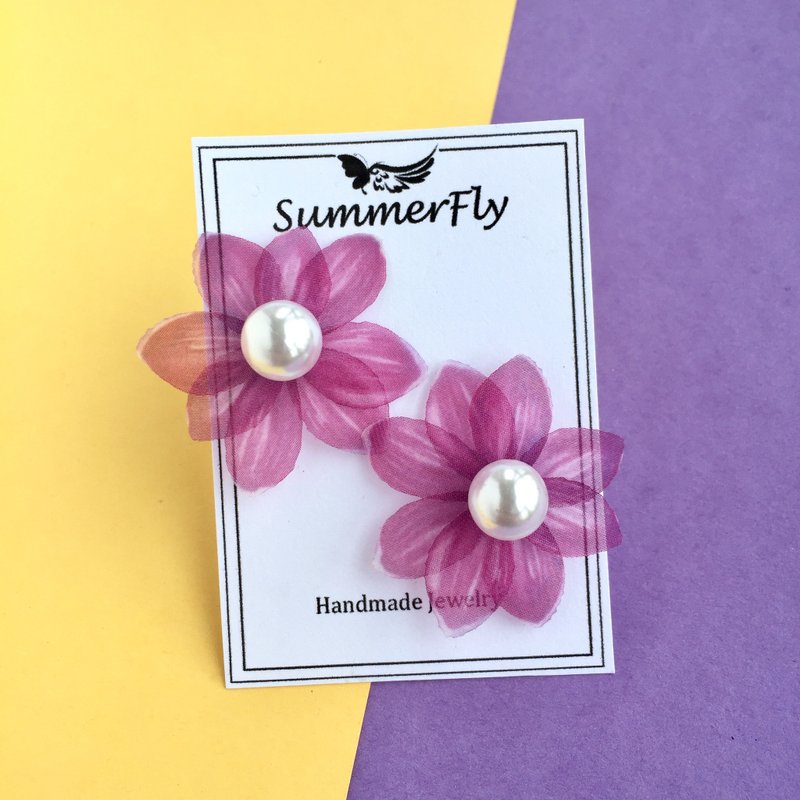 耳夹 耳针—都会风 珍珠真丝花花耳环 紫色 - 耳环/耳夹 - 宝石 紫色