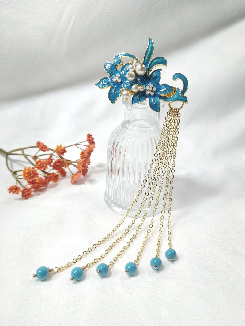 古风系列【花间细语】发夹 流苏款式 - 发饰 - 珍珠 蓝色