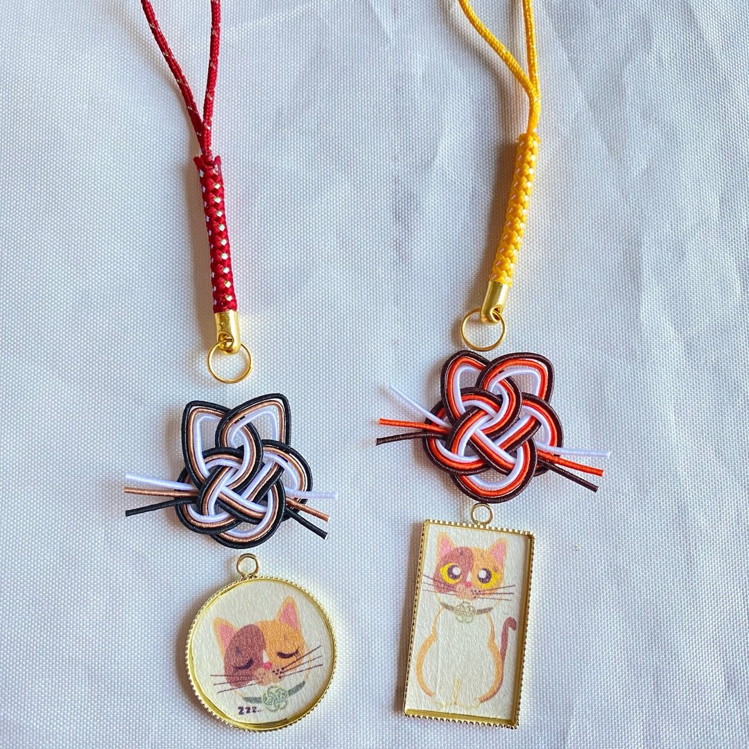 Mizuhiki Cat knot and Mascot cat paper charm Key ring Workshop - 金工/饰品 - 纸 