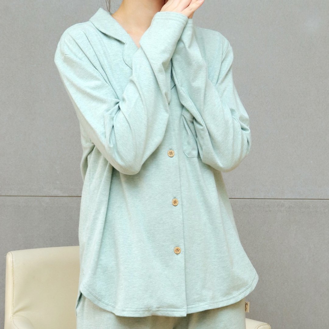 GOTSMIT有机棉刺绣开襟衬衫居家服-麻花绿 - 居家服/睡衣 - 棉 绿色
