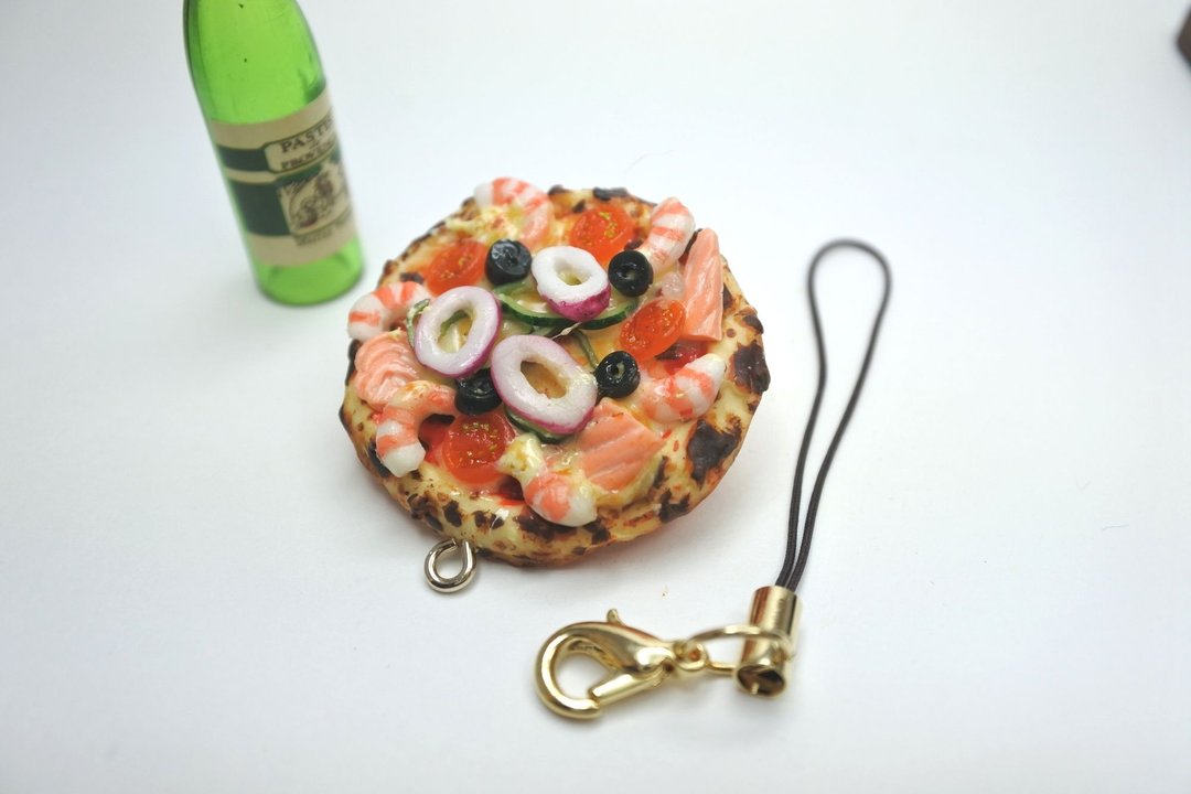 Miniature food,Seafood pizza strap - 挂绳/吊绳 - 粘土 咖啡色