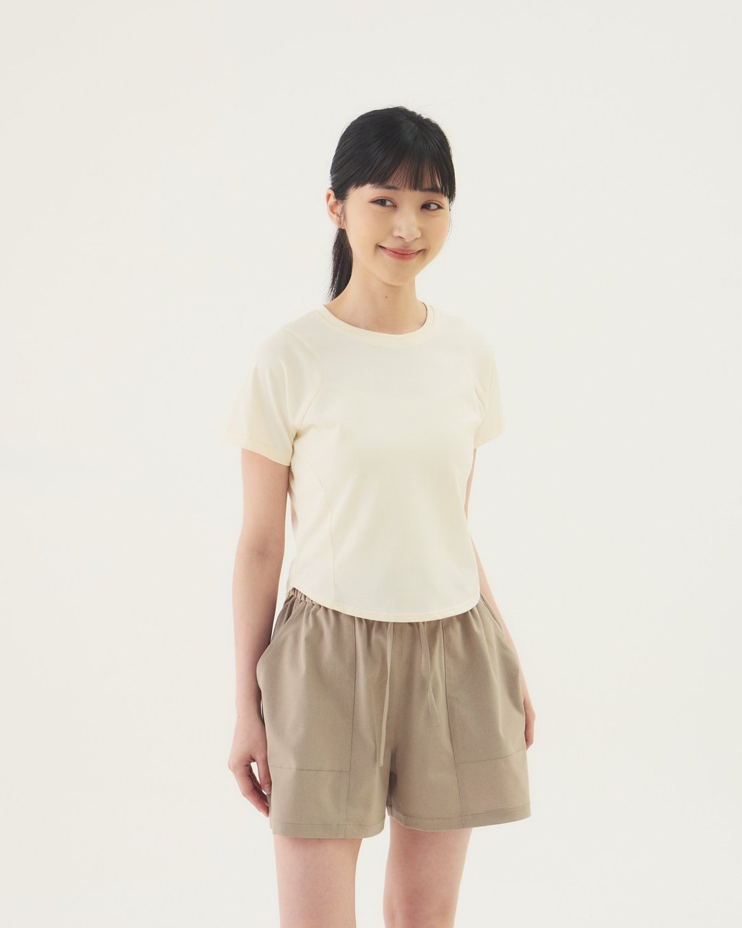 圆摆剪接短 Tee (米) - 女装 T 恤 - 棉 卡其色