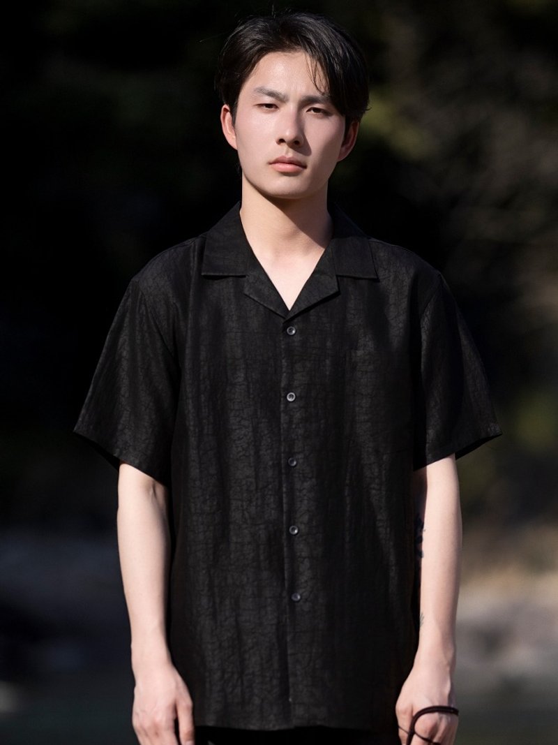新中式复古 桑蚕丝香云纱短袖衬衫 - 男装衬衫 - 其他材质 黑色