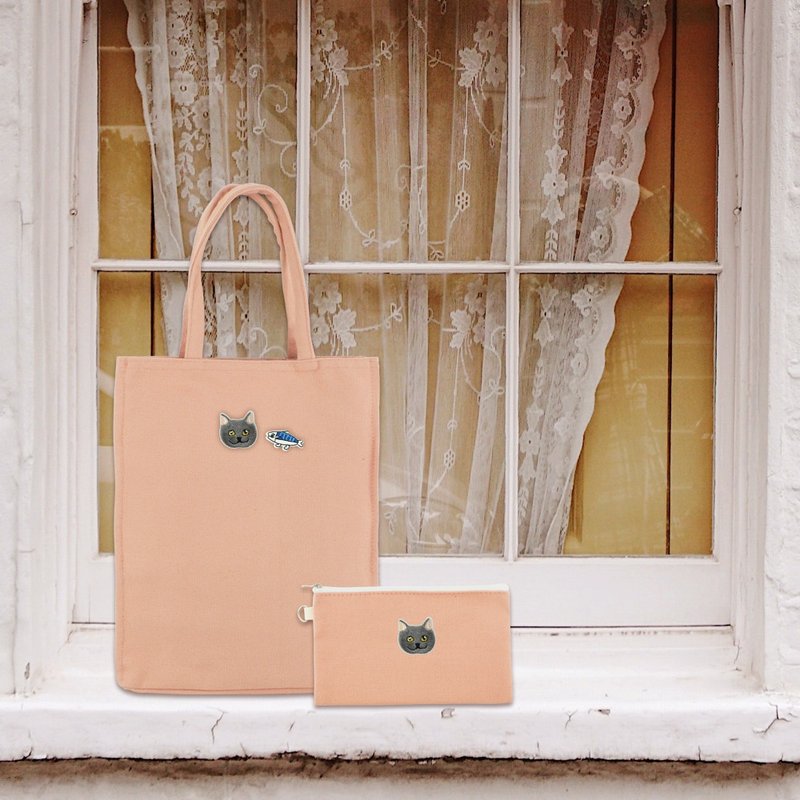 【猫咪包福袋】猫奴系列环保饮料提袋+收纳长拉链包2入套装定制化 - 手拿包 - 棉．麻 