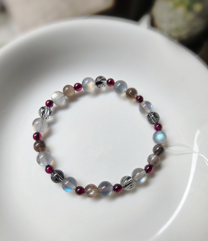 高光拉长石 黑发晶 黑骨干 石榴石 水晶手链 - 手链/手环 - 宝石 灰色