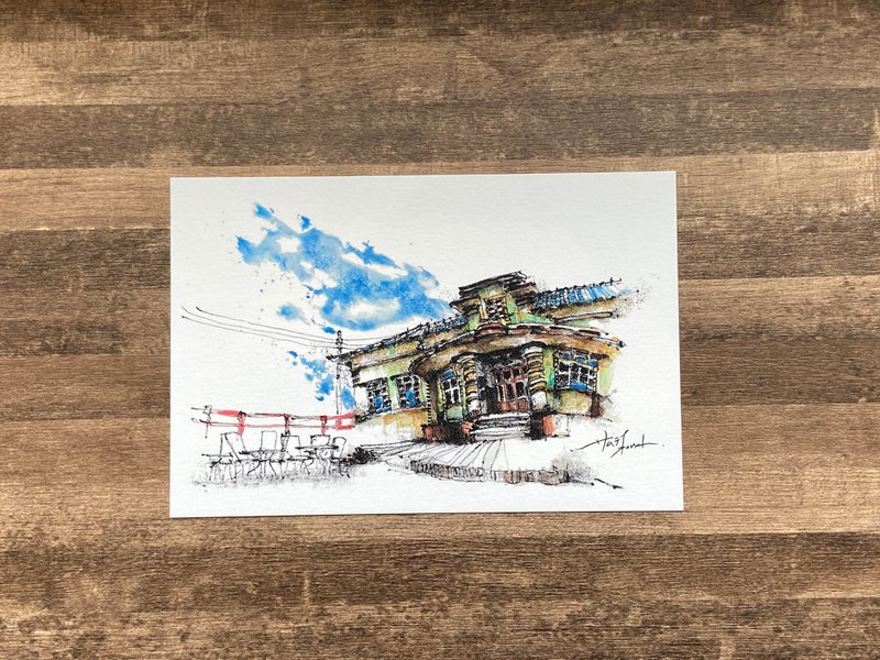 枯枝笔速写 台南景点 新化街役场 水彩 插画 手绘明信片 - 卡片/明信片 - 纸 