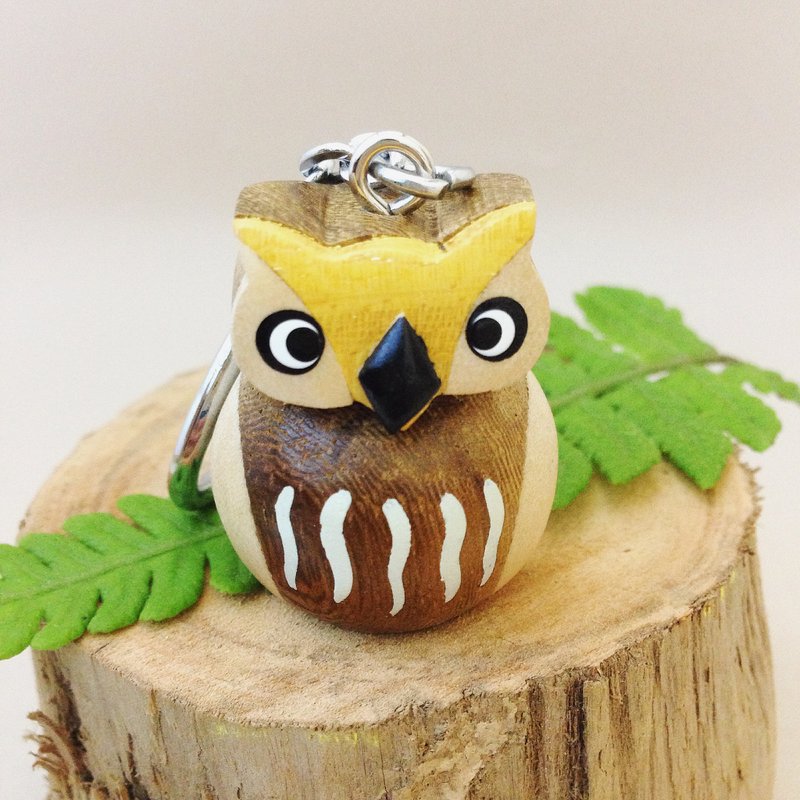 【立体猫头鹰x好健康】手工木制钥匙圈/吊饰 - 钥匙链/钥匙包 - 木头 卡其色