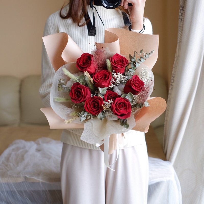 情人节・9支玫瑰花束 - 干燥花/捧花 - 植物．花 红色