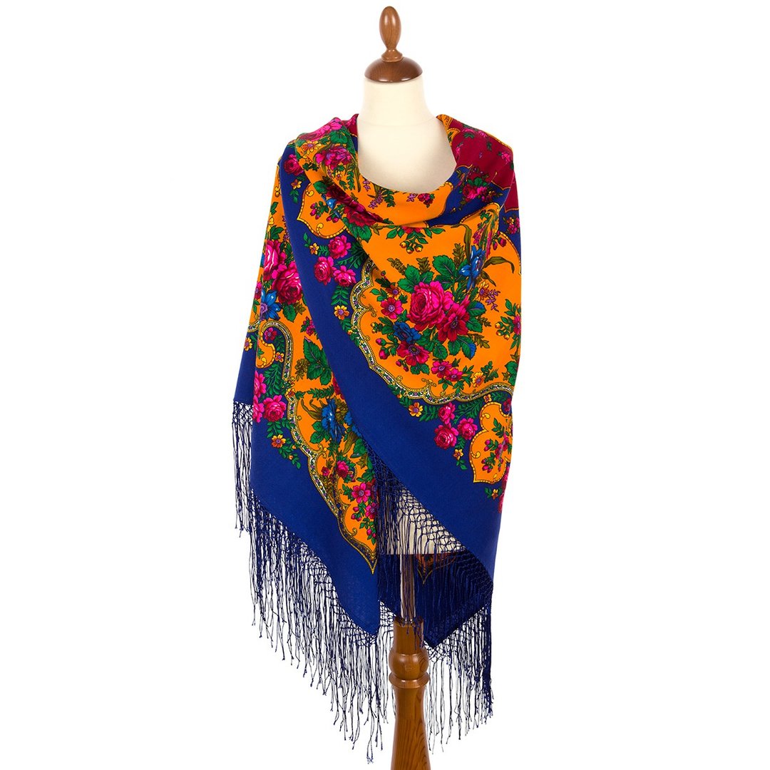 Pavlovo Posad Russian Shawl 100% Wool Scarf 148x148 cm Silk Fringe 1129-13 - 丝巾 - 羊毛 蓝色