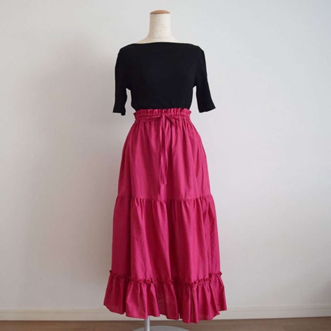 Soft Cotton Lawn Tiered Gather Long Skirt Pink - 裙子 - 棉 粉红色
