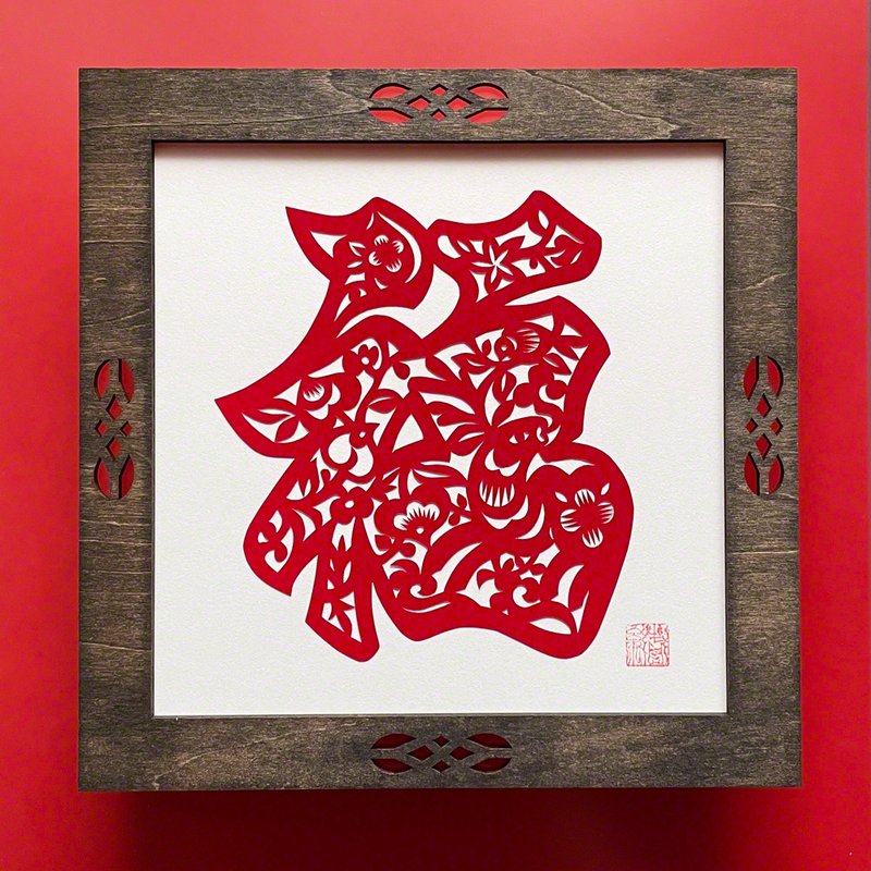Made-to-order with wooden frame Kirigami Fukurokuju - 海报/装饰画/版画 - 纸 红色