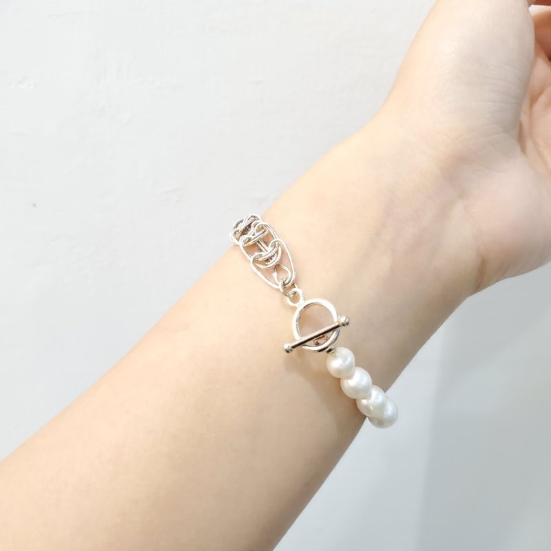 【 手链 】OT珍珠纯银扁链 - 手链/手环 - 纯银 银色