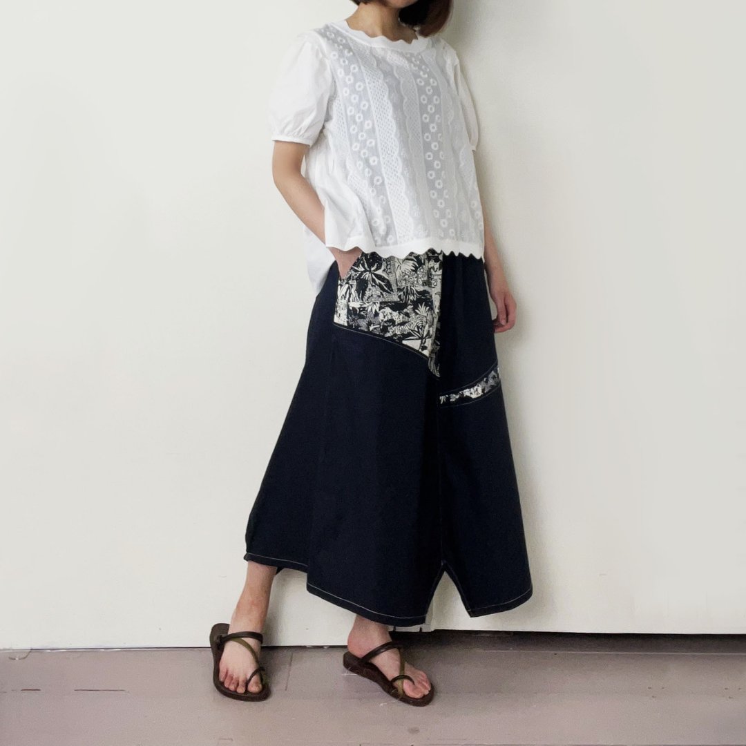 黑 - 黑花拼接裙 #A6056 - 裙子 - 棉．麻 黑色
