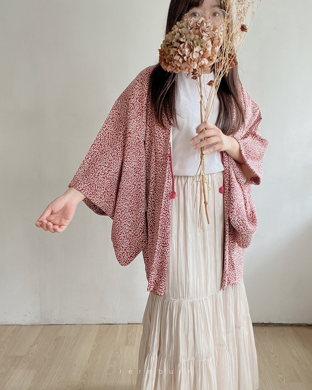 日本制古着羽织和服外套红色和风印花薄款 - 女装休闲/机能外套 - 其他材质 红色