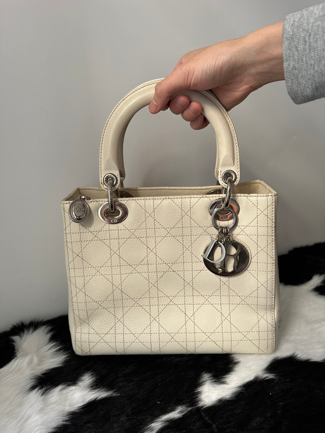 中古包 Christian Dior 迪奥 白色 Lady Dior Medium 手提包 - 手提包/手提袋 - 真皮 白色