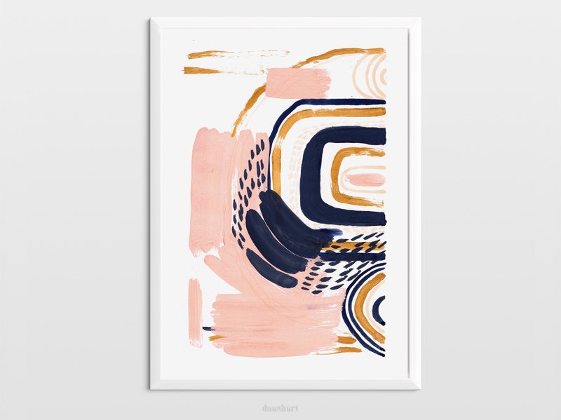 Blue pink gold abstract wall art original painting gouache artwork modern poster - 海报/装饰画/版画 - 纸 蓝色