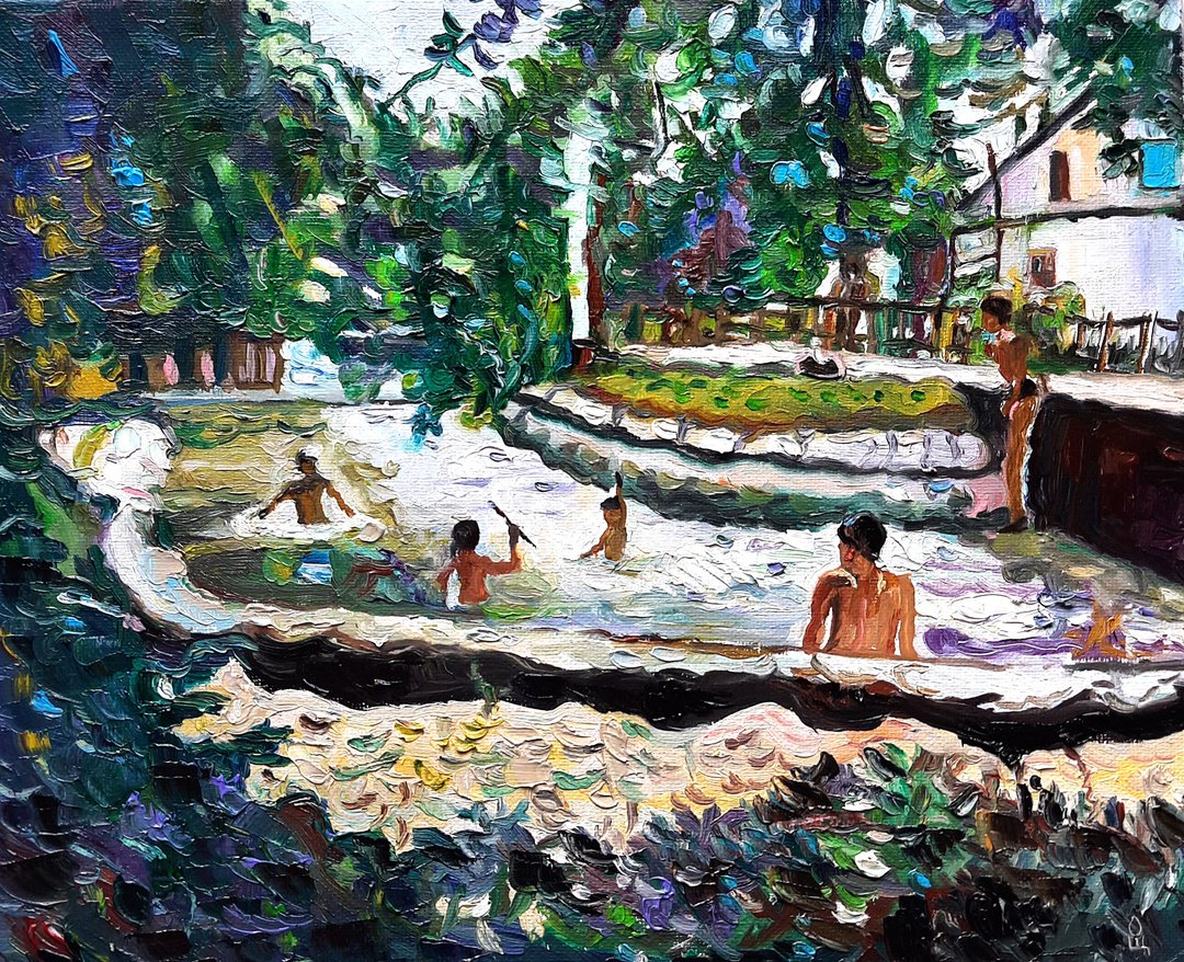 Children Painting Original Art Oil On Canvas Small Painting - 墙贴/壁贴 - 其他材质 绿色