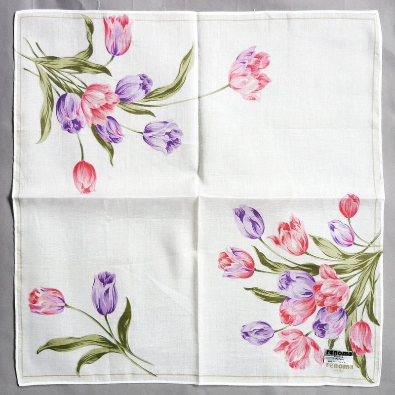 renoma Paris Vintage Handkerchief Women Handkerchief Tulips 17 x 17 inches - 手帕/方巾 - 棉．麻 红色