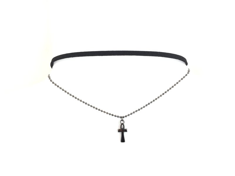 双层麂皮细版颈链-黑金十字款 - 项链 - 真皮 黑色