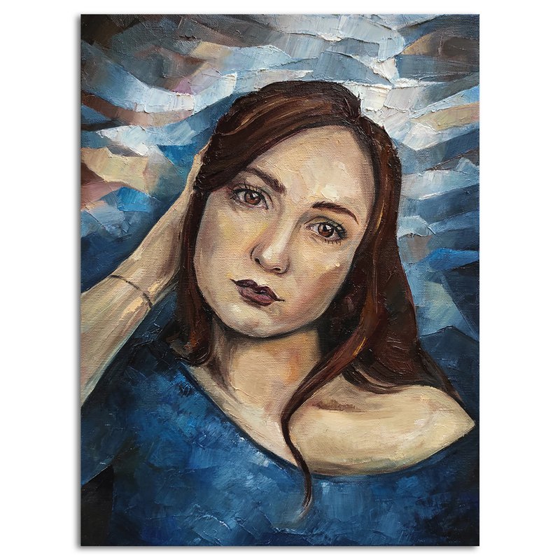 Woman Portrait Hand painted Original Painting Canvas Oil Artwork Girl Wall Art - 海报/装饰画/版画 - 其他材质 蓝色