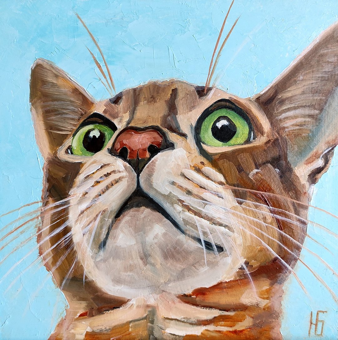 Funny Cat Painting Original Art, Cute Pet Portrait, Cat Wall Art, Animalistic - 海报/装饰画/版画 - 其他材质 多色