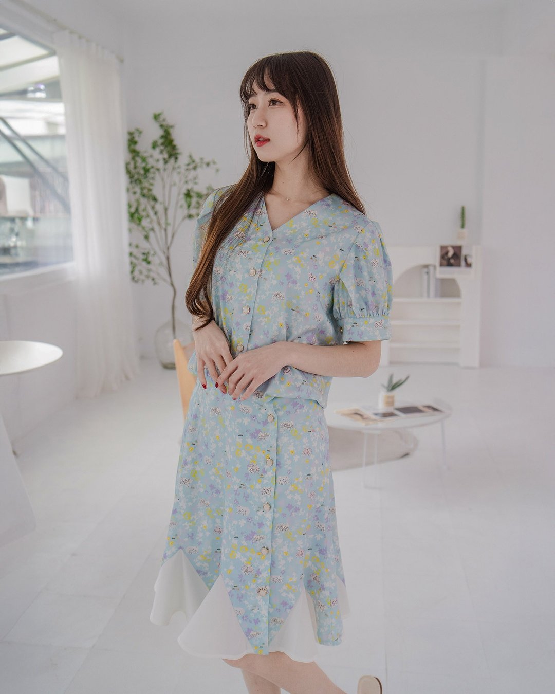 【波丽印花】泰迪小熊 泡泡袖短衬衫+膝上裙 SET洋装 合谷色 - 洋装/连衣裙 - 棉 蓝色