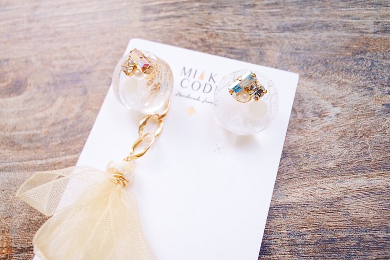 【淡金系列】两用 透明 白色纱网 滴胶 链条流苏 耳环/耳夹 - 耳环/耳夹 - 其他材质 金色